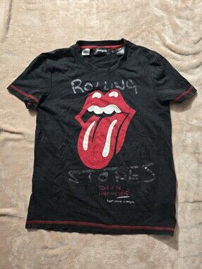 Desigual Rhinestone The Rolling Stones T-shirt Tongue Logo Black Red Size Small